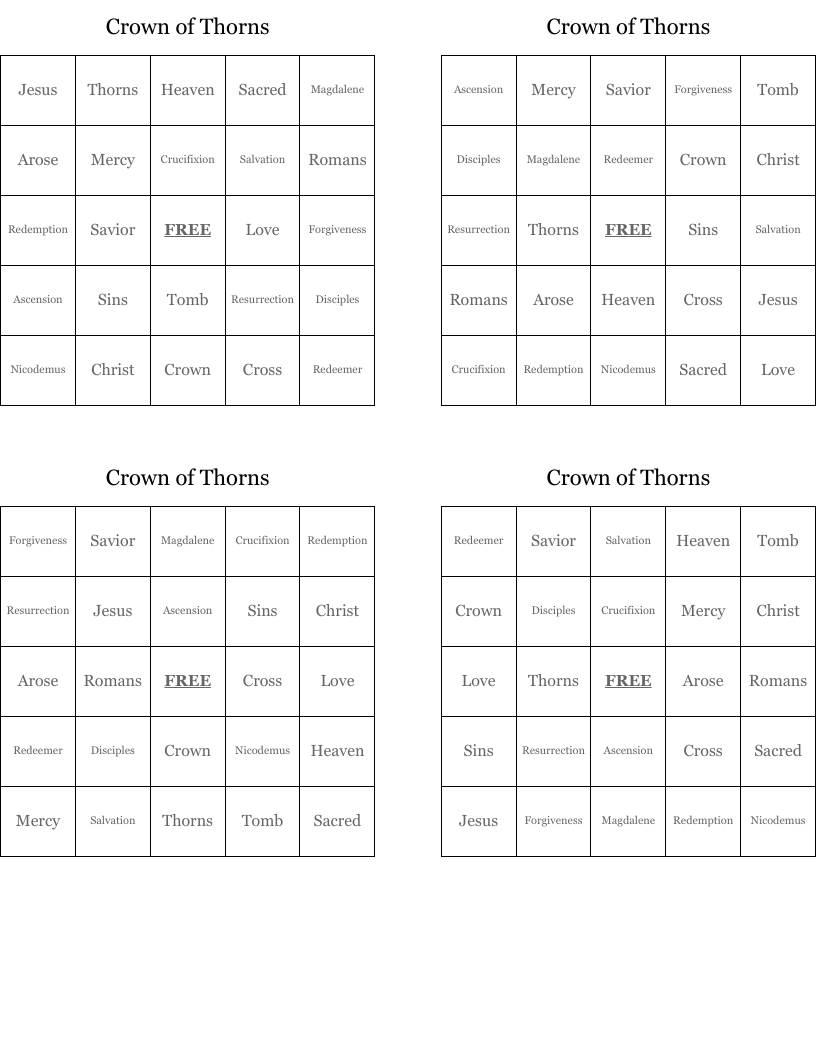 Crown of Thorns Bingo Cards