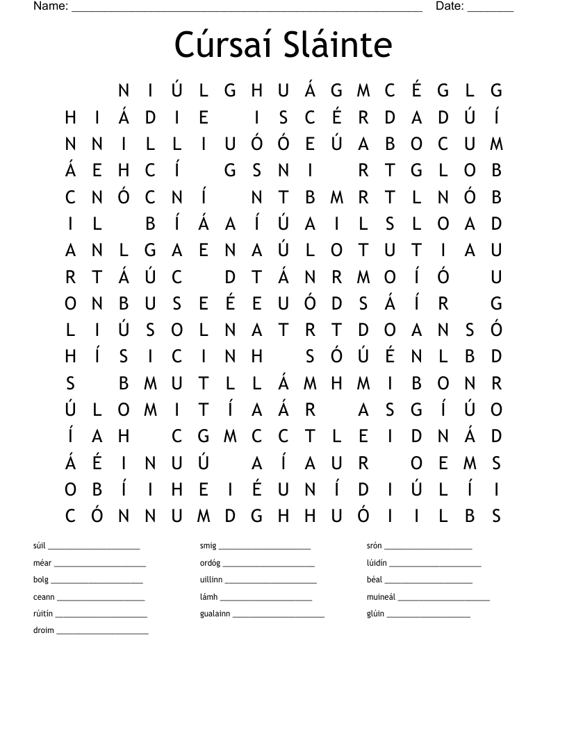 Cúrsaí Sláinte Word Search