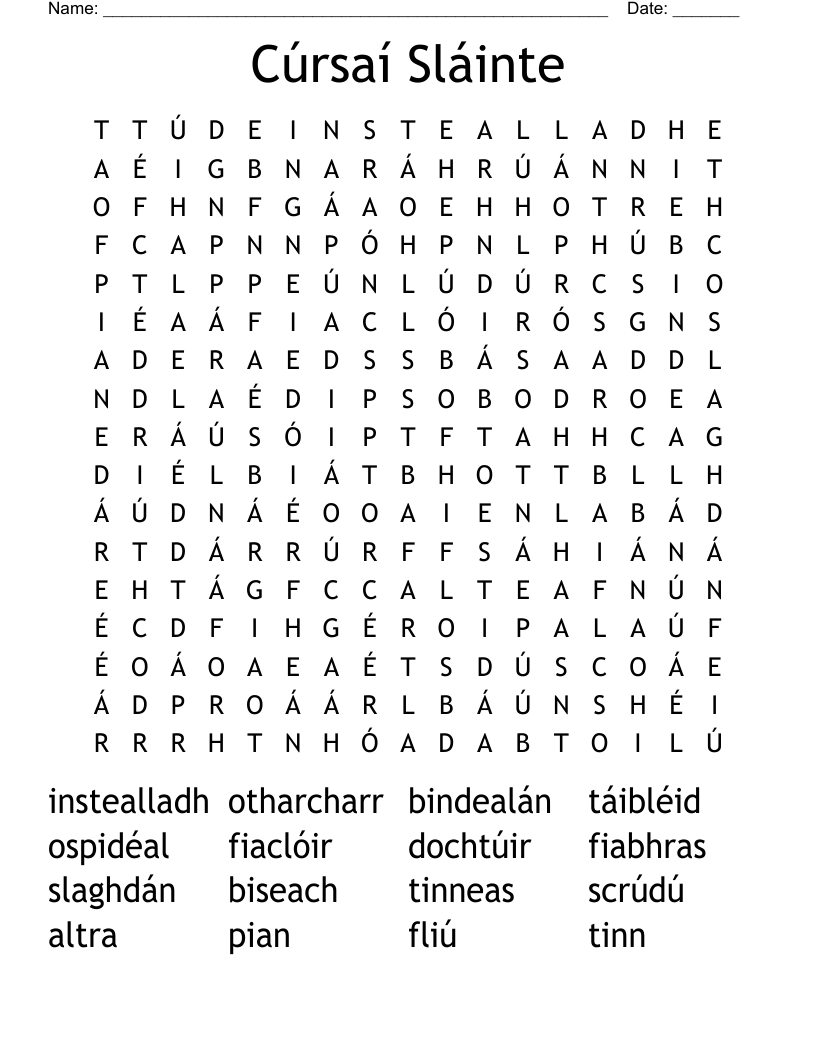 Cúrsaí Sláinte Word Search