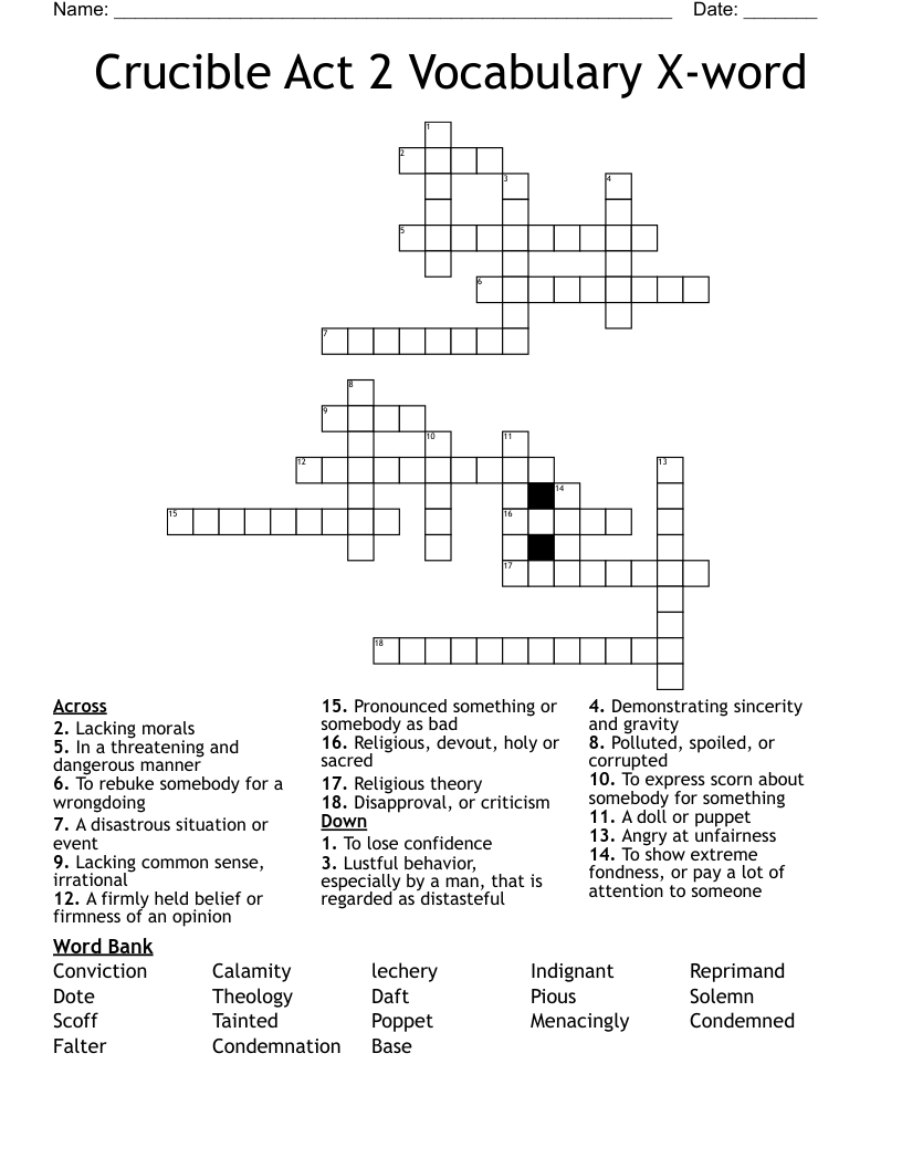 Crucible Act 2 Vocabulary X-word Crossword