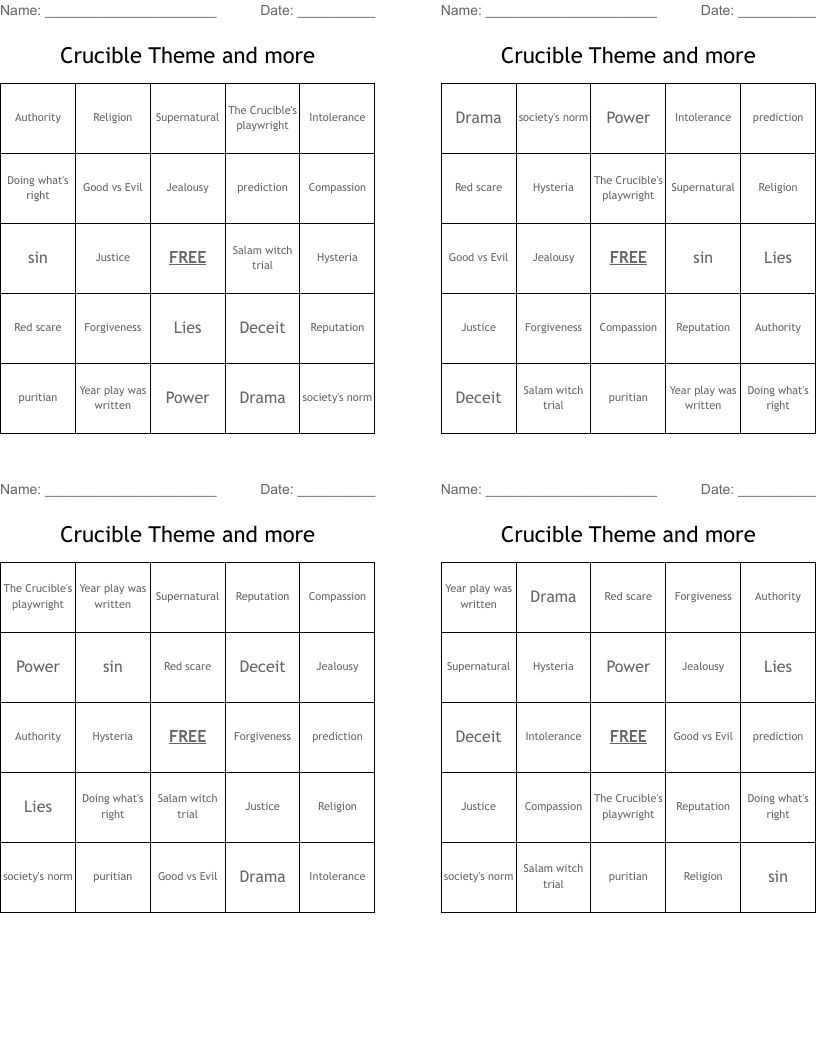 Crucible Theme and more Bingo Cards