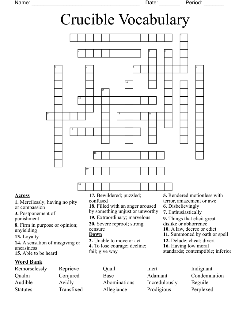 Crucible Vocabulary Crossword