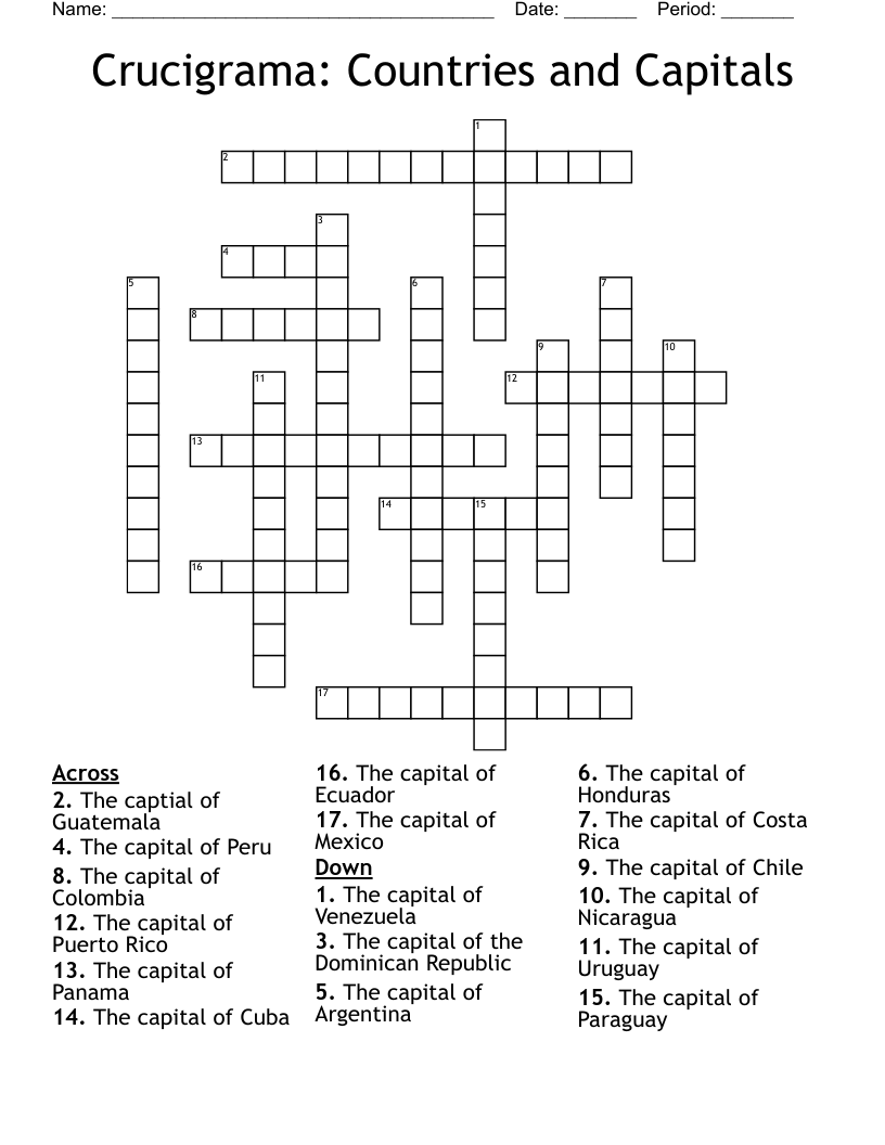 Crucigrama: Countries and Capitals Crossword