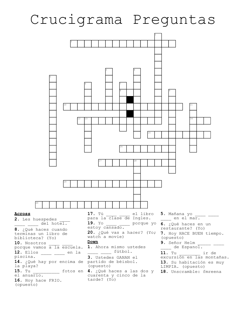 Crucigrama Preguntas Crossword