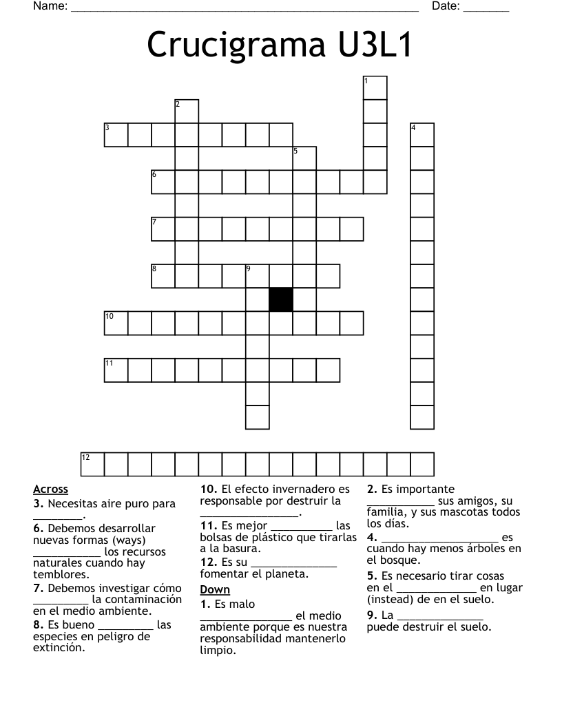 Crucigrama U3L1 Crossword