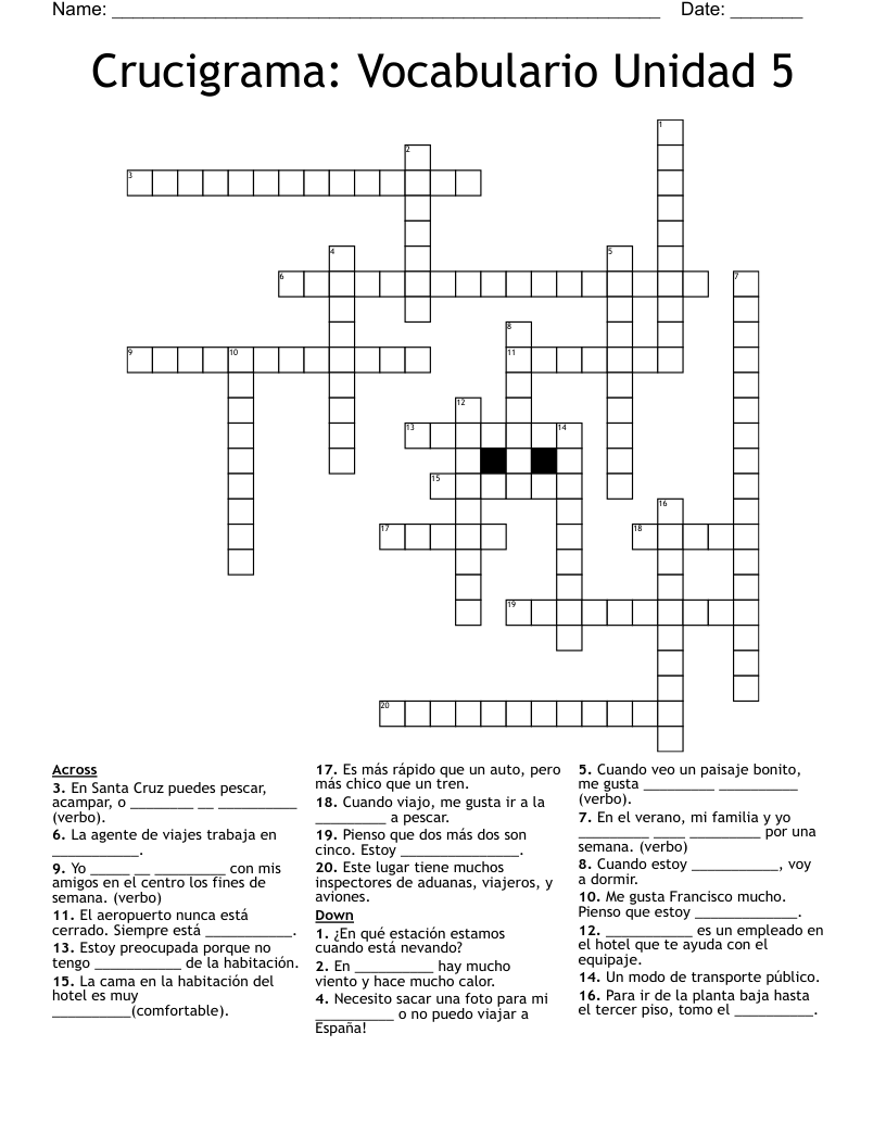 Crucigrama: Vocabulario Unidad 5 Crossword