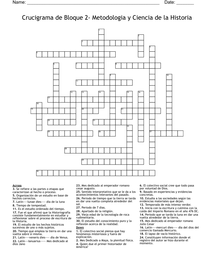 Crucigrama de Bloque 2- Metodologia y Ciencia de la Historia Crossword