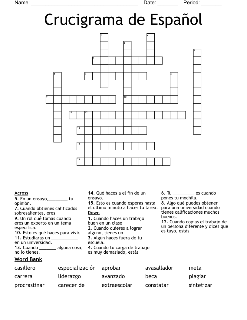 Crucigrama de Español  Crossword