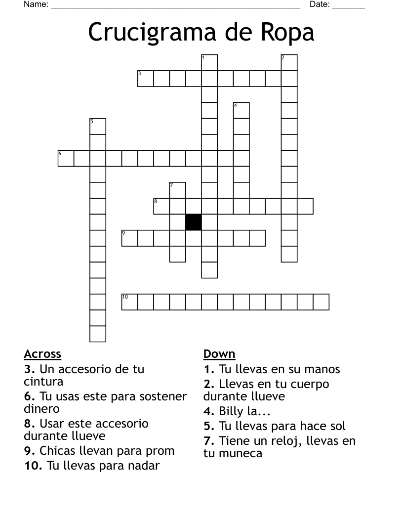 Crucigrama de Ropa Crossword