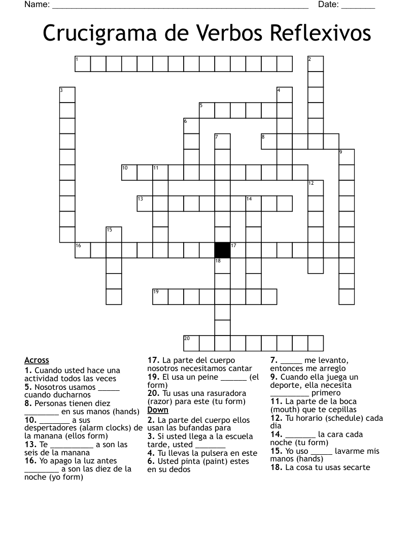 Crucigrama de Verbos Reflexivos Crossword
