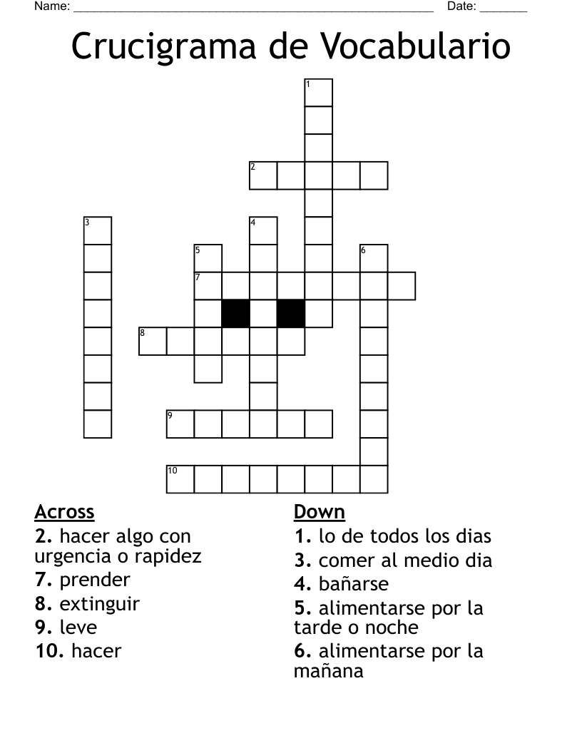 Crucigrama de Vocabulario Crossword