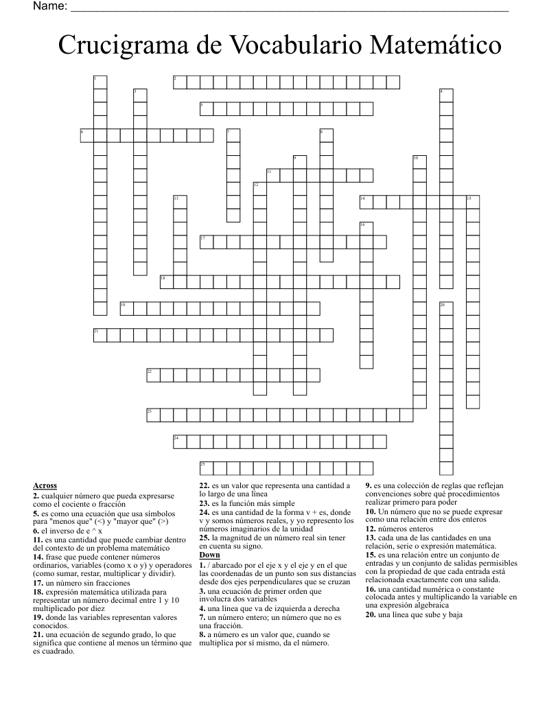 Crucigrama de Vocabulario Matemático Crossword