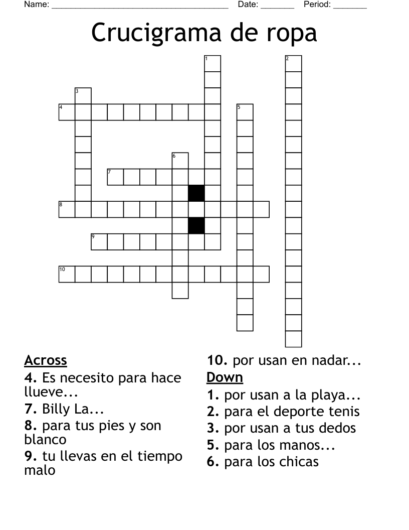 Crucigrama de ropa Crossword