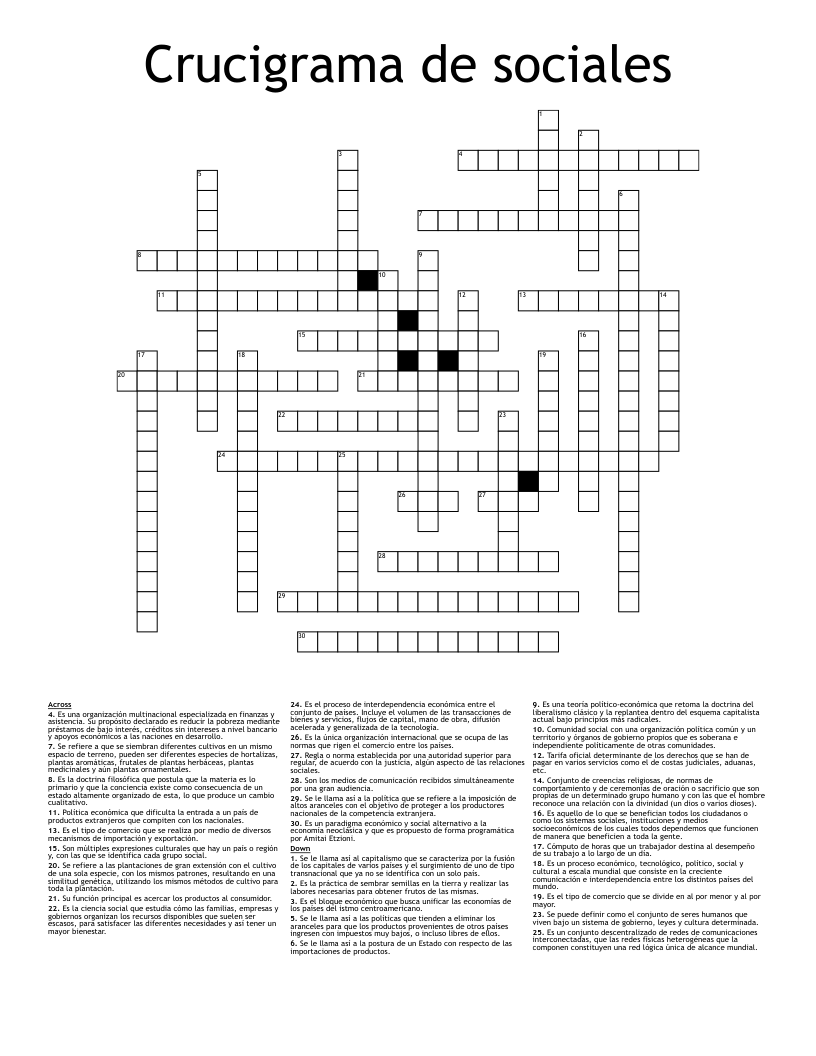 Crucigrama de sociales Crossword