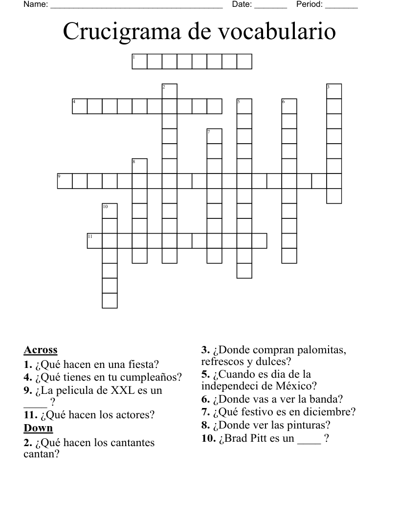 Crucigrama de vocabulario Crossword