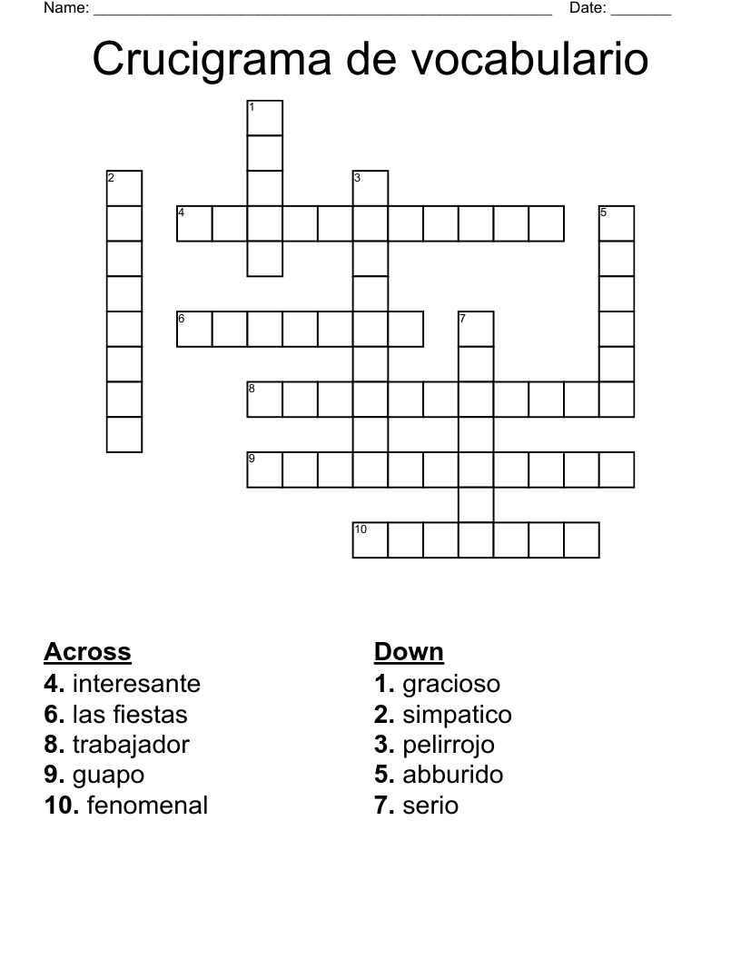 Crucigrama de vocabulario Crossword