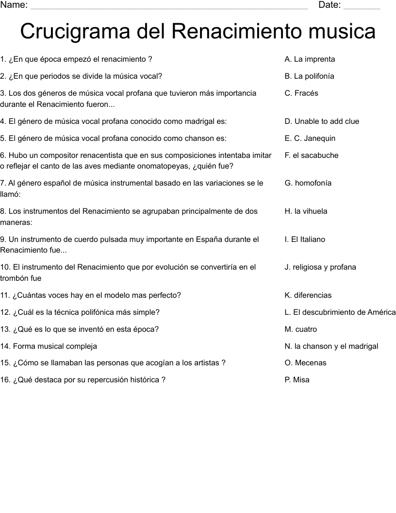 Crucigrama del Renacimiento musica Worksheet