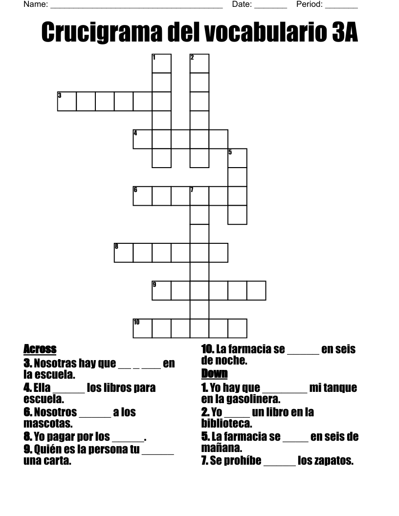 Crucigrama del vocabulario 3A Crossword