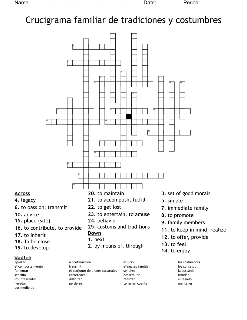 Crucigrama familiar de tradiciones y costumbres Crossword