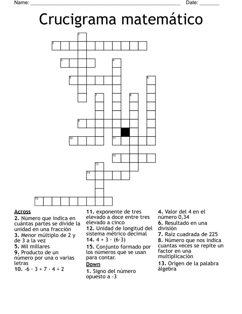 Crucigrama matemático Crossword