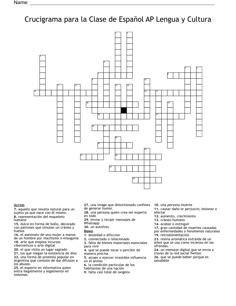 Crucigrama para la Clase de Español AP Lengua y Cultura Crossword