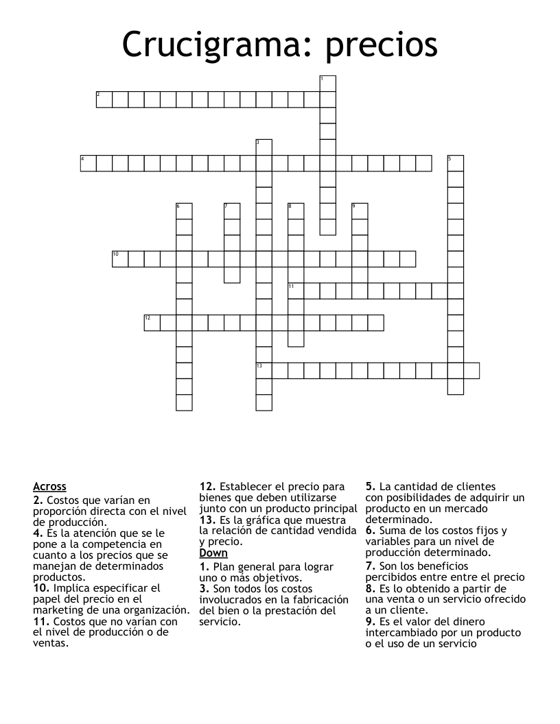 Crucigrama: precios Crossword