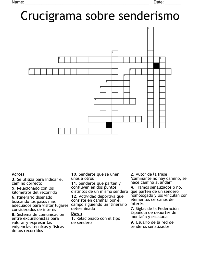 Crucigrama sobre senderismo Crossword