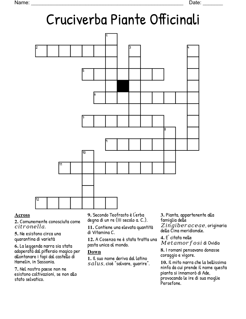 Cruciverba Piante Officinali Crossword