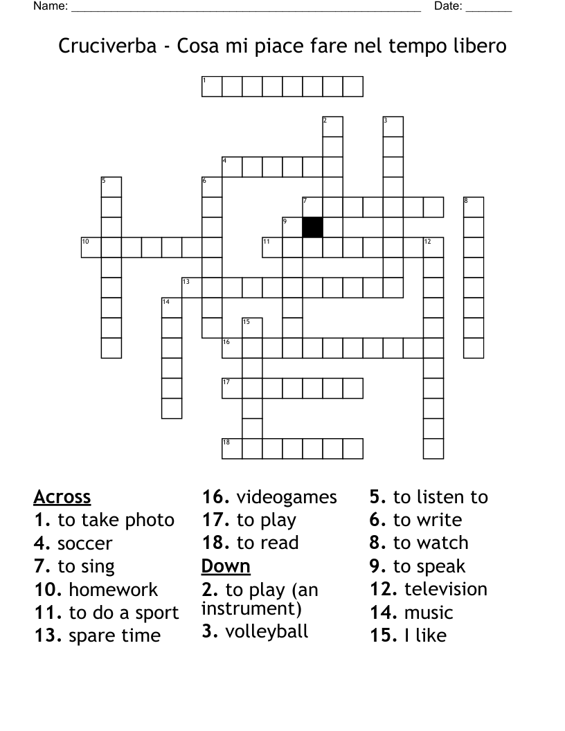 Cruciverba - Cosa mi piace fare nel tempo libero Crossword