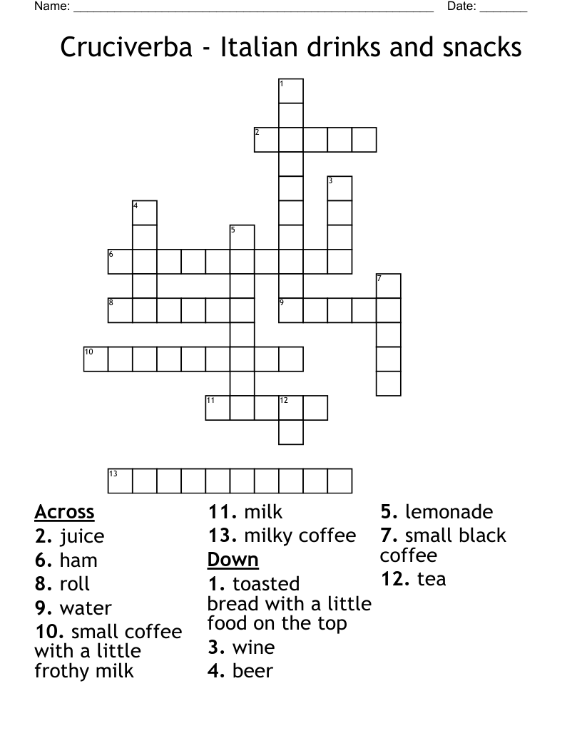Cruciverba - Italian drinks and snacks Crossword