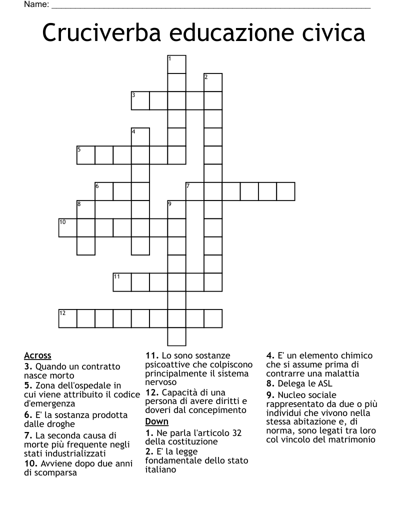 Cruciverba educazione civica Crossword