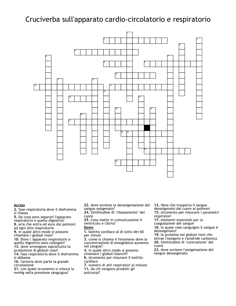 Cruciverba sull'apparato cardio-circolatorio  e respiratorio Crossword