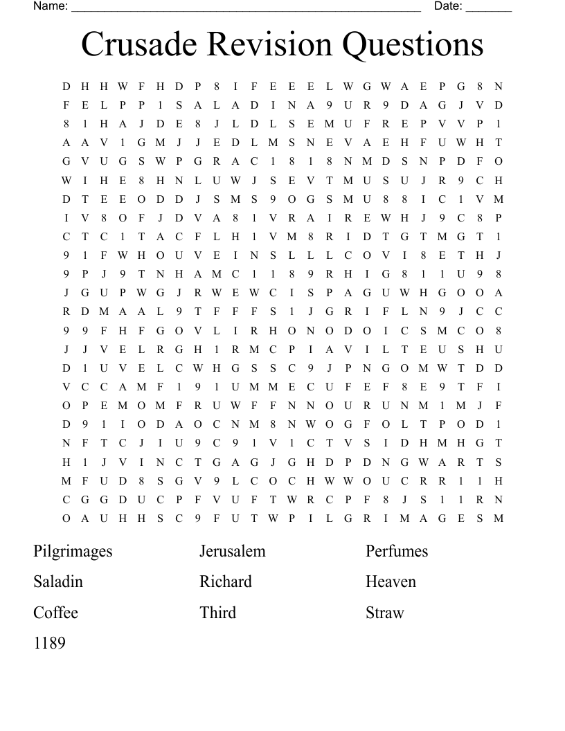 Crusade Revision Questions Word Search