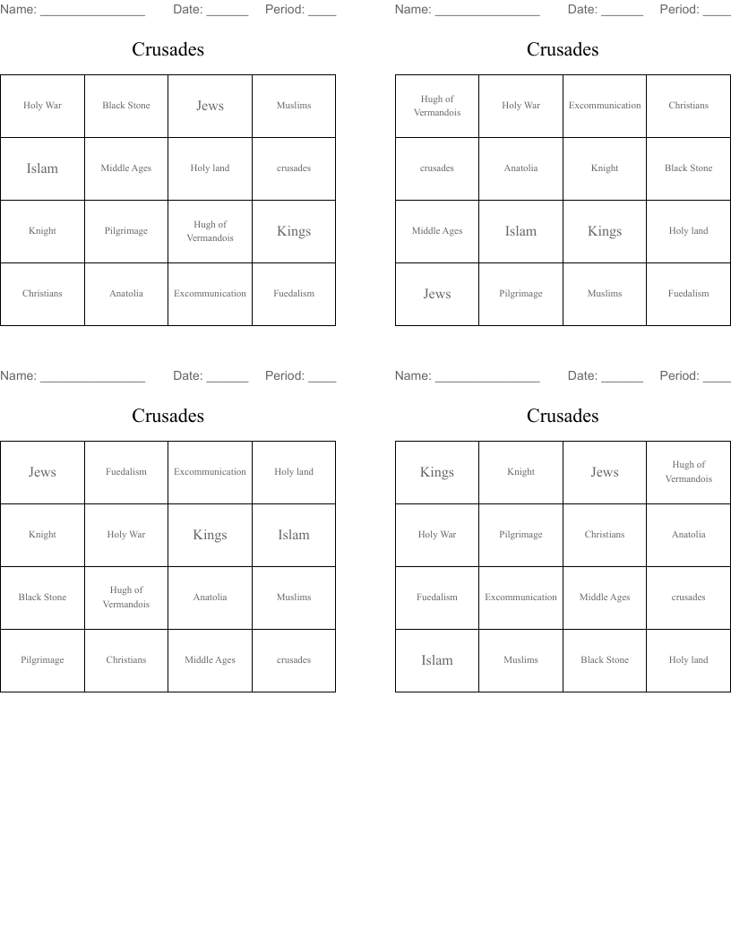 Crusades Bingo Cards