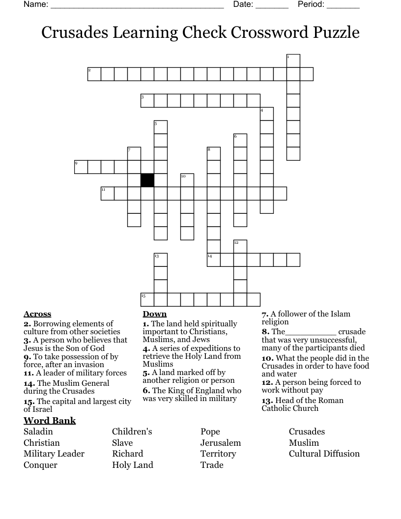 Crusades Learning Check Crossword Puzzle