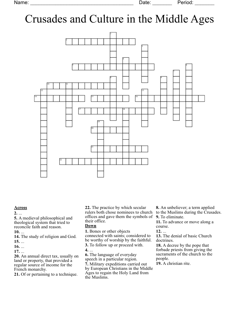 Crusades and Culture in the Middle Ages Crossword