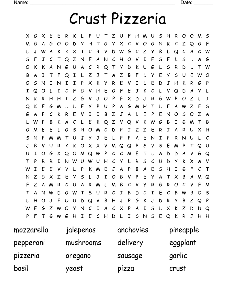 Crust Pizzeria Word Search