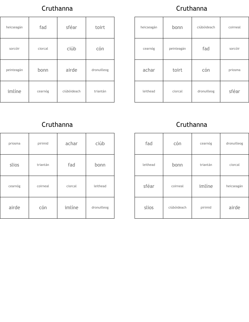 Cruthanna Bingo Cards