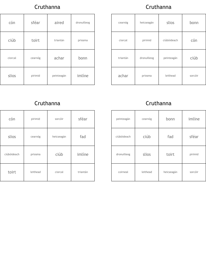 Cruthanna Bingo Cards