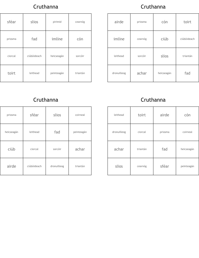 Cruthanna Bingo Cards