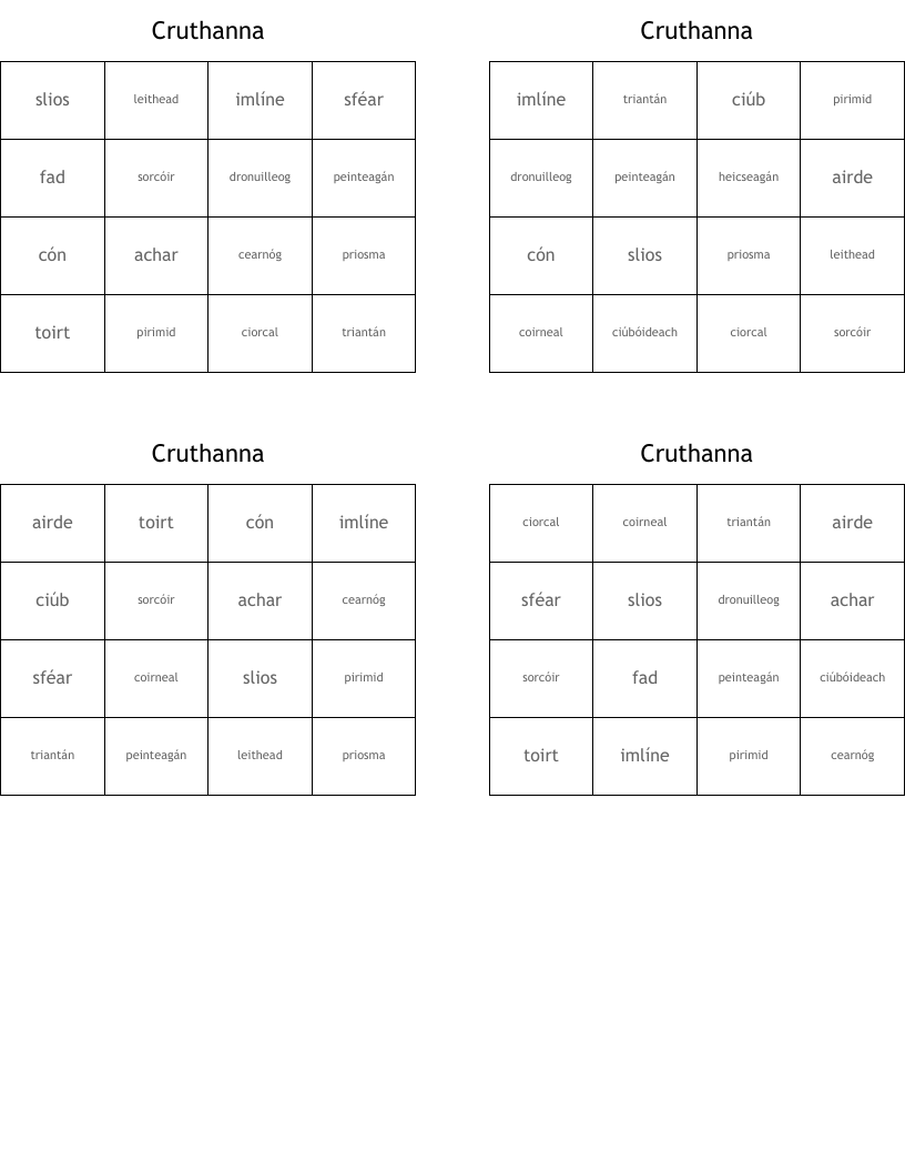 Cruthanna Bingo Cards