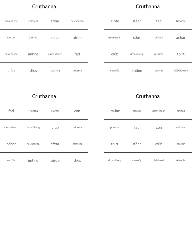 Cruthanna Bingo Cards