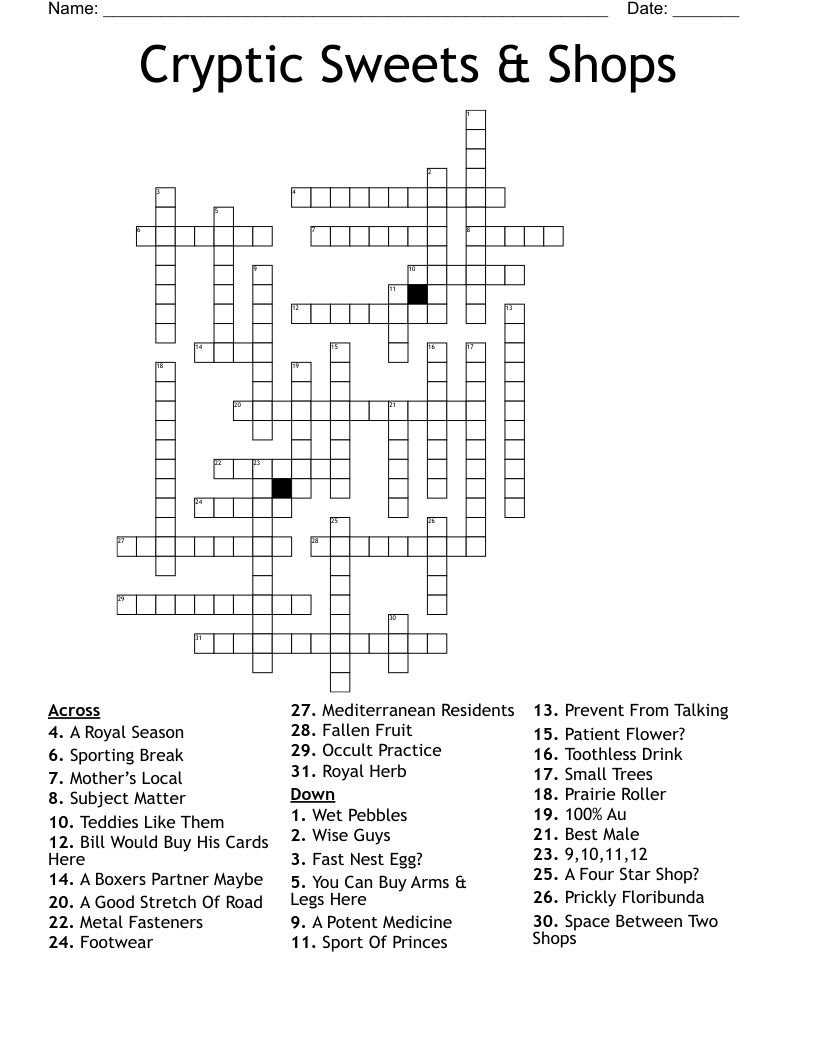 Cryptic Sweets & Shops Crossword