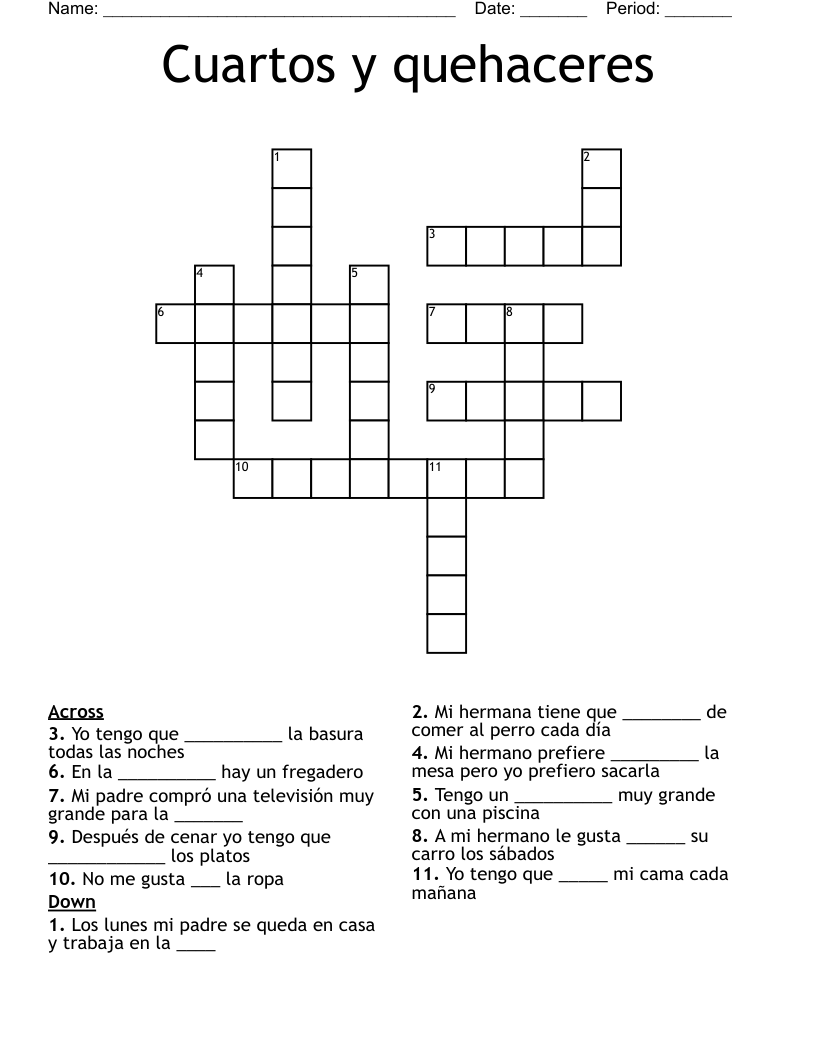 Cuartos y quehaceres Crossword