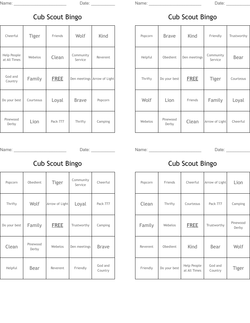 Cub Scout Bingo