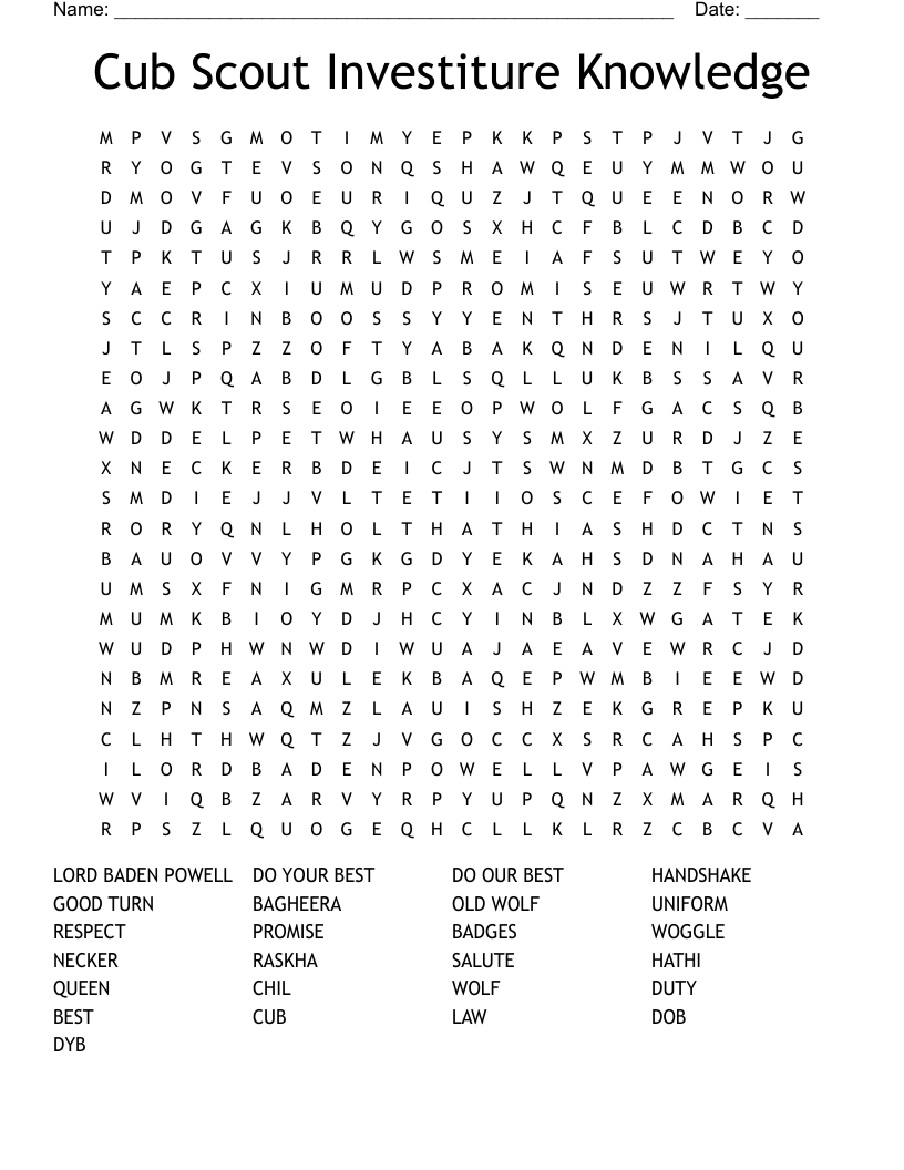Cub Scout Investiture Knowledge Word Search
