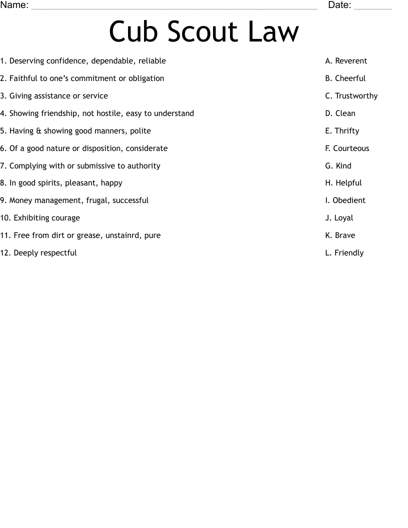 Cub Scout Law Worksheet
