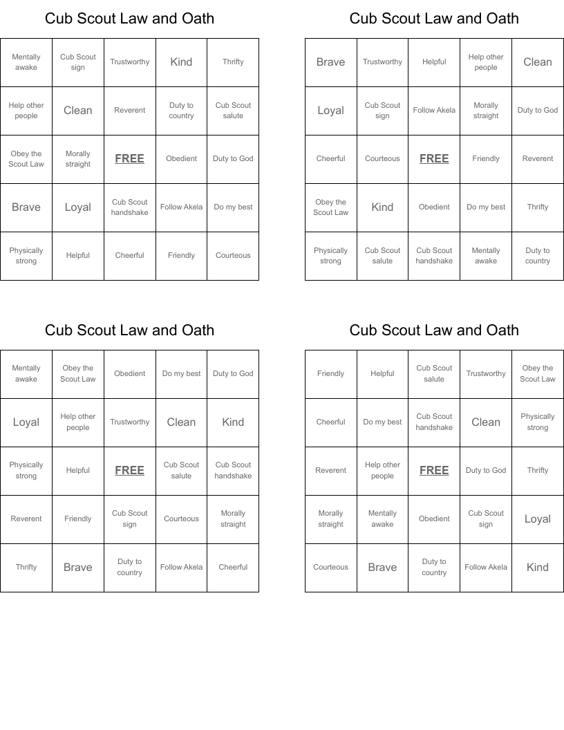 Cub Scout Law and Oath Bingo Cards