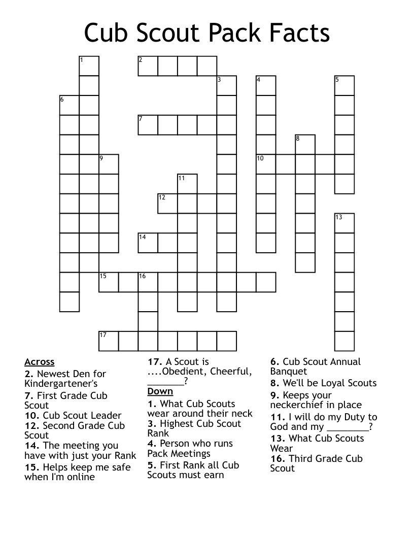 Cub Scout Pack Facts Crossword