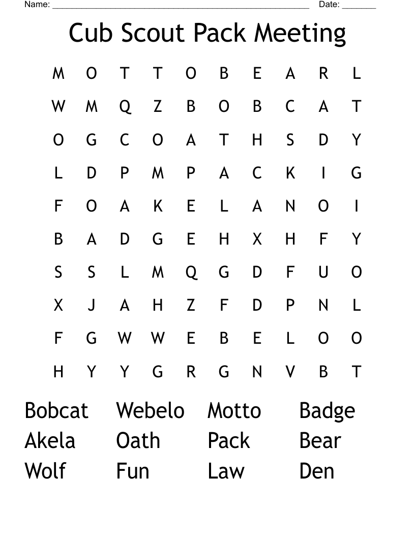 Cub Scout Pack Meeting Word Search